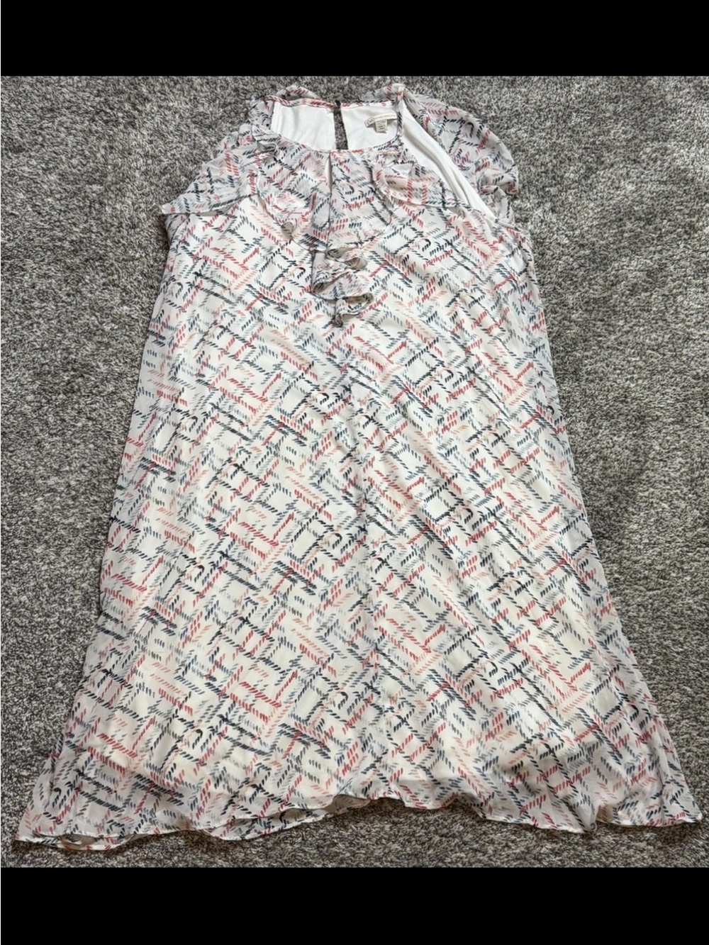 Cato Sleeveless Ruffle Neck Tank Top in White with Pink & Blue Pattern
